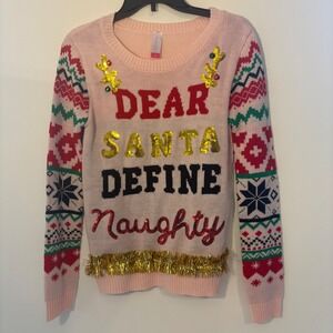 No Boundaries  Dear‎ Santa Holiday Pink Sweater Juniors Size M Bells Jingle